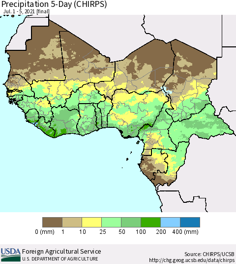 Western Africa Precipitation 5-Day (CHIRPS) Thematic Map For 7/1/2021 - 7/5/2021