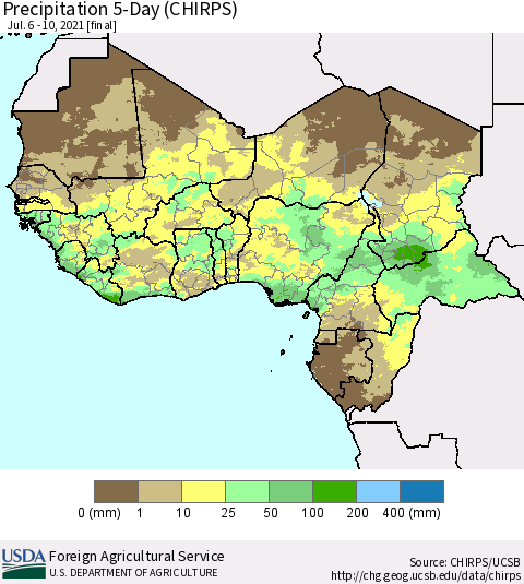 Western Africa Precipitation 5-Day (CHIRPS) Thematic Map For 7/6/2021 - 7/10/2021