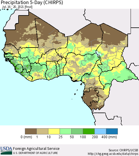 Western Africa Precipitation 5-Day (CHIRPS) Thematic Map For 7/16/2021 - 7/20/2021