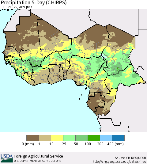 Western Africa Precipitation 5-Day (CHIRPS) Thematic Map For 7/21/2021 - 7/25/2021
