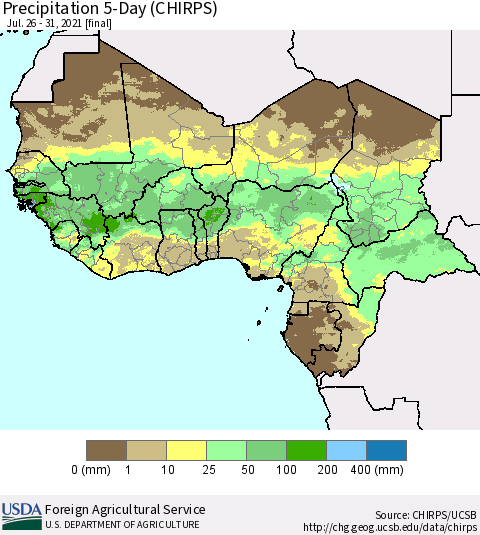 Western Africa Precipitation 5-Day (CHIRPS) Thematic Map For 7/26/2021 - 7/31/2021