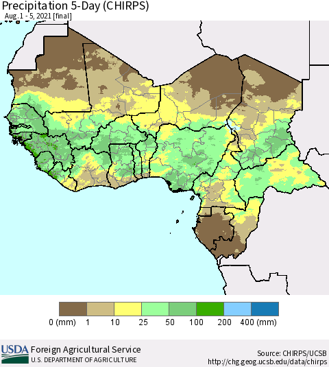 Western Africa Precipitation 5-Day (CHIRPS) Thematic Map For 8/1/2021 - 8/5/2021