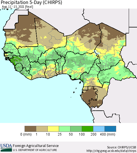 Western Africa Precipitation 5-Day (CHIRPS) Thematic Map For 8/11/2021 - 8/15/2021