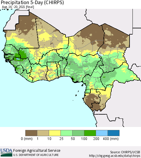 Western Africa Precipitation 5-Day (CHIRPS) Thematic Map For 8/16/2021 - 8/20/2021