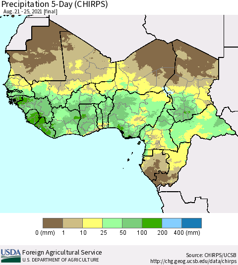 Western Africa Precipitation 5-Day (CHIRPS) Thematic Map For 8/21/2021 - 8/25/2021
