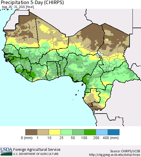 Western Africa Precipitation 5-Day (CHIRPS) Thematic Map For 8/26/2021 - 8/31/2021