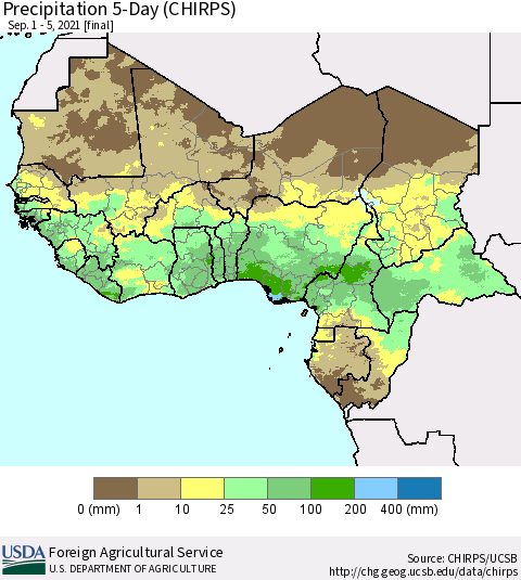 Western Africa Precipitation 5-Day (CHIRPS) Thematic Map For 9/1/2021 - 9/5/2021