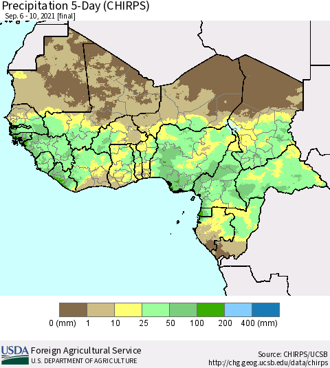 Western Africa Precipitation 5-Day (CHIRPS) Thematic Map For 9/6/2021 - 9/10/2021