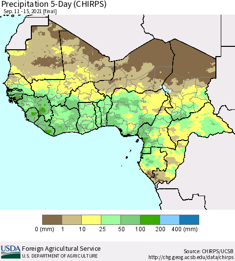 Western Africa Precipitation 5-Day (CHIRPS) Thematic Map For 9/11/2021 - 9/15/2021