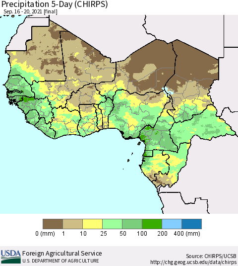 Western Africa Precipitation 5-Day (CHIRPS) Thematic Map For 9/16/2021 - 9/20/2021