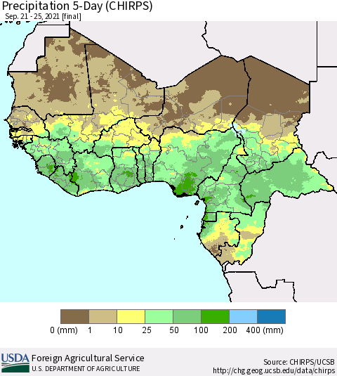 Western Africa Precipitation 5-Day (CHIRPS) Thematic Map For 9/21/2021 - 9/25/2021