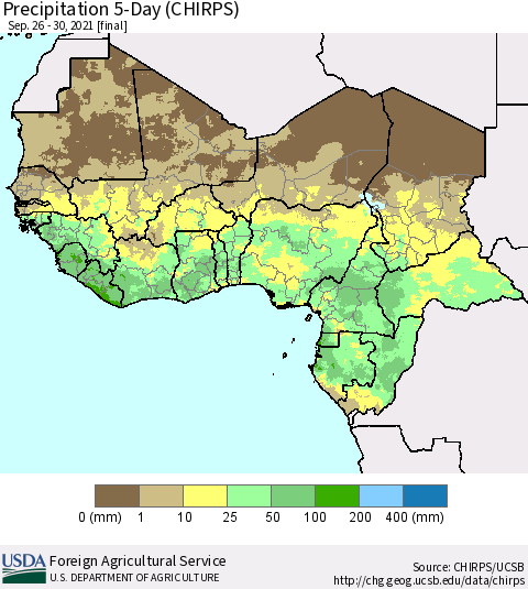 Western Africa Precipitation 5-Day (CHIRPS) Thematic Map For 9/26/2021 - 9/30/2021