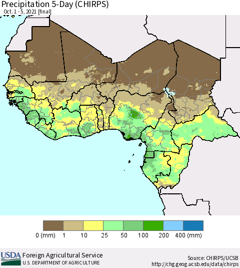 Western Africa Precipitation 5-Day (CHIRPS) Thematic Map For 10/1/2021 - 10/5/2021