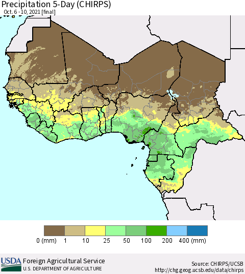 Western Africa Precipitation 5-Day (CHIRPS) Thematic Map For 10/6/2021 - 10/10/2021