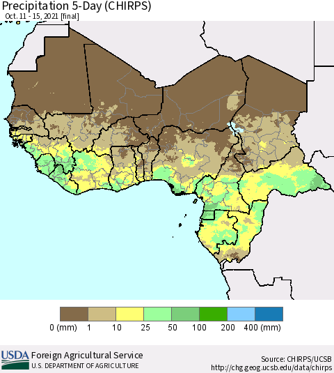 Western Africa Precipitation 5-Day (CHIRPS) Thematic Map For 10/11/2021 - 10/15/2021