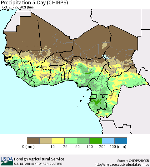 Western Africa Precipitation 5-Day (CHIRPS) Thematic Map For 10/21/2021 - 10/25/2021