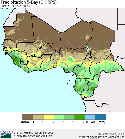 Western Africa Precipitation 5-Day (CHIRPS) Thematic Map For 10/26/2021 - 10/31/2021