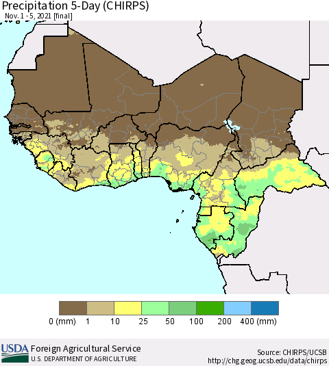 Western Africa Precipitation 5-Day (CHIRPS) Thematic Map For 11/1/2021 - 11/5/2021