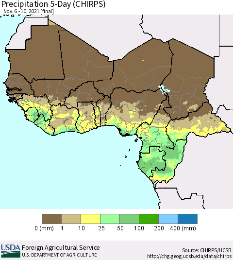 Western Africa Precipitation 5-Day (CHIRPS) Thematic Map For 11/6/2021 - 11/10/2021