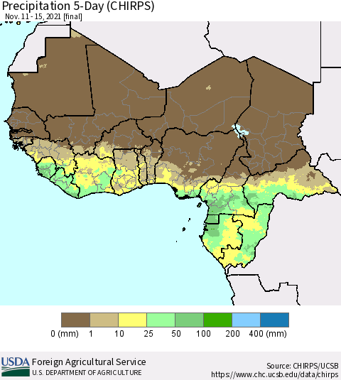 Western Africa Precipitation 5-Day (CHIRPS) Thematic Map For 11/11/2021 - 11/15/2021
