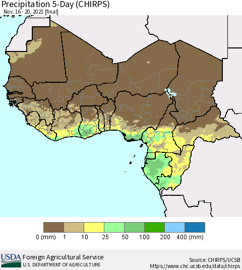 Western Africa Precipitation 5-Day (CHIRPS) Thematic Map For 11/16/2021 - 11/20/2021