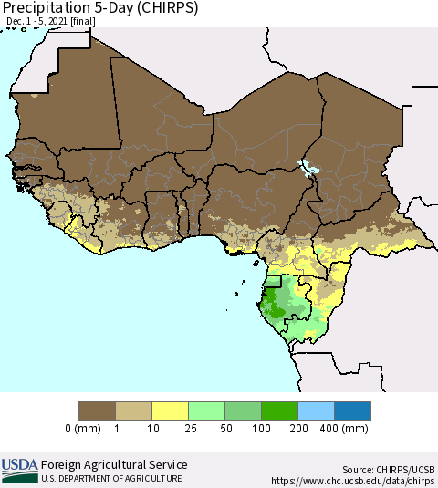 Western Africa Precipitation 5-Day (CHIRPS) Thematic Map For 12/1/2021 - 12/5/2021