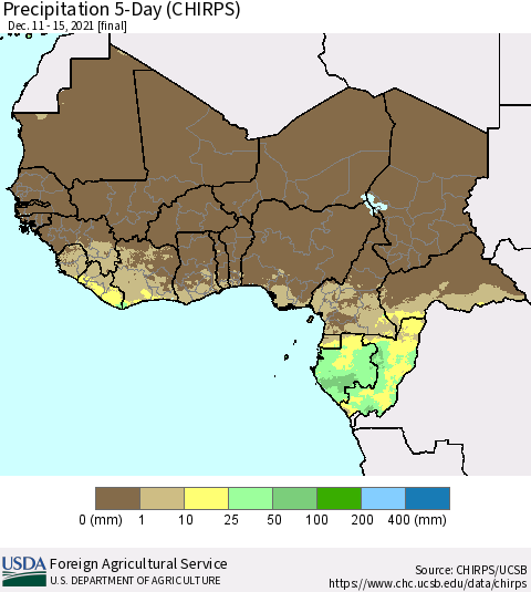 Western Africa Precipitation 5-Day (CHIRPS) Thematic Map For 12/11/2021 - 12/15/2021