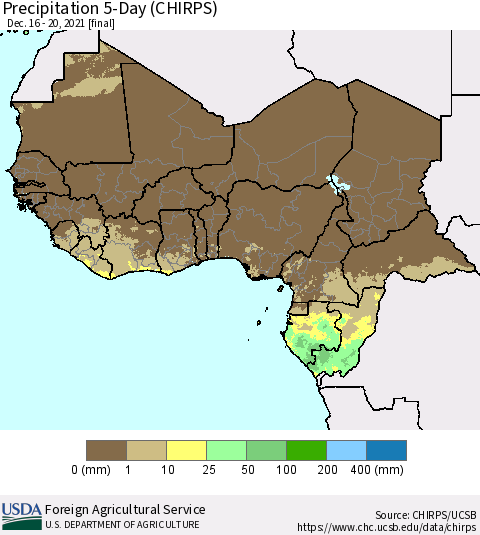 Western Africa Precipitation 5-Day (CHIRPS) Thematic Map For 12/16/2021 - 12/20/2021
