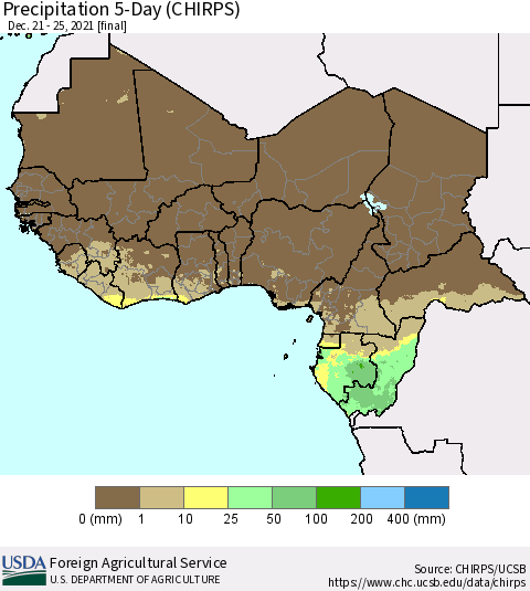 Western Africa Precipitation 5-Day (CHIRPS) Thematic Map For 12/21/2021 - 12/25/2021