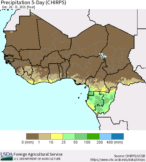 Western Africa Precipitation 5-Day (CHIRPS) Thematic Map For 12/26/2021 - 12/31/2021