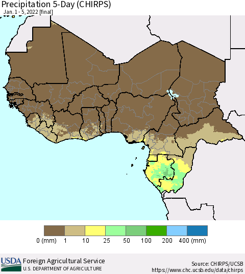 Western Africa Precipitation 5-Day (CHIRPS) Thematic Map For 1/1/2022 - 1/5/2022