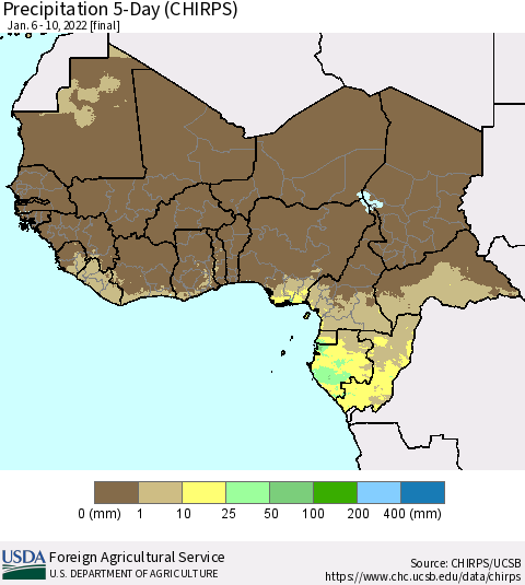 Western Africa Precipitation 5-Day (CHIRPS) Thematic Map For 1/6/2022 - 1/10/2022