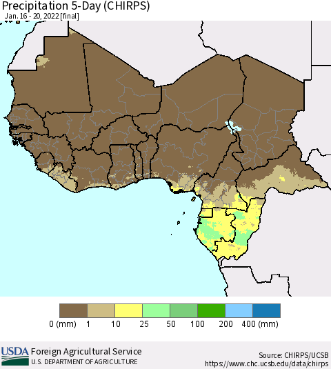 Western Africa Precipitation 5-Day (CHIRPS) Thematic Map For 1/16/2022 - 1/20/2022