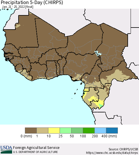 Western Africa Precipitation 5-Day (CHIRPS) Thematic Map For 1/21/2022 - 1/25/2022