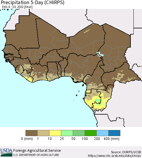 Western Africa Precipitation 5-Day (CHIRPS) Thematic Map For 2/6/2022 - 2/10/2022