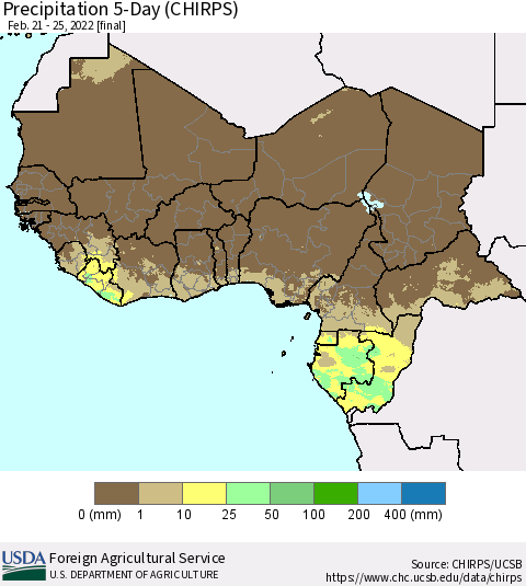 Western Africa Precipitation 5-Day (CHIRPS) Thematic Map For 2/21/2022 - 2/25/2022