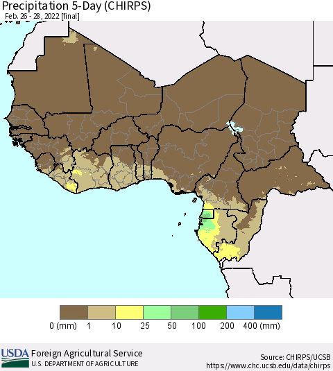 Western Africa Precipitation 5-Day (CHIRPS) Thematic Map For 2/26/2022 - 2/28/2022