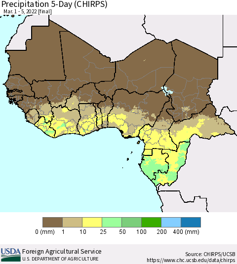 Western Africa Precipitation 5-Day (CHIRPS) Thematic Map For 3/1/2022 - 3/5/2022