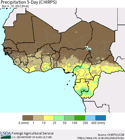 Western Africa Precipitation 5-Day (CHIRPS) Thematic Map For 3/6/2022 - 3/10/2022