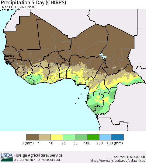 Western Africa Precipitation 5-Day (CHIRPS) Thematic Map For 3/11/2022 - 3/15/2022
