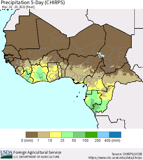 Western Africa Precipitation 5-Day (CHIRPS) Thematic Map For 3/16/2022 - 3/20/2022