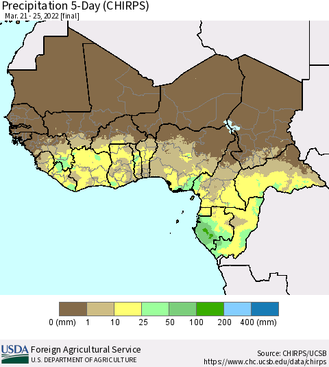 Western Africa Precipitation 5-Day (CHIRPS) Thematic Map For 3/21/2022 - 3/25/2022