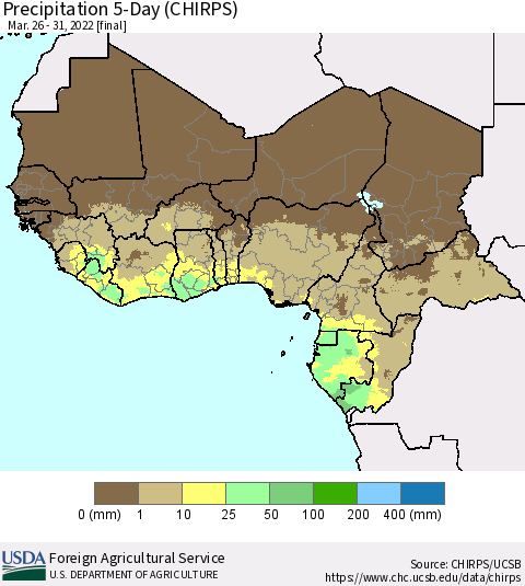 Western Africa Precipitation 5-Day (CHIRPS) Thematic Map For 3/26/2022 - 3/31/2022