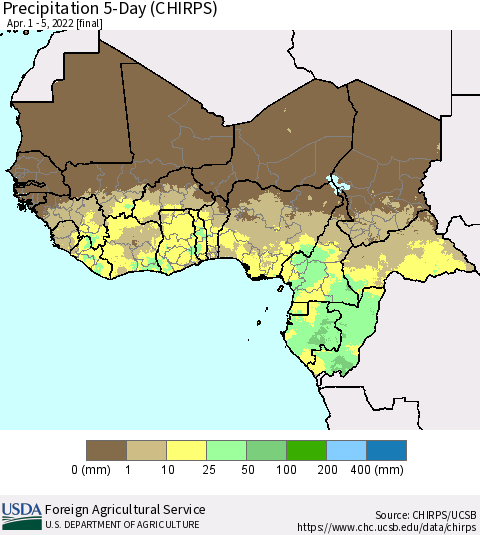 Western Africa Precipitation 5-Day (CHIRPS) Thematic Map For 4/1/2022 - 4/5/2022