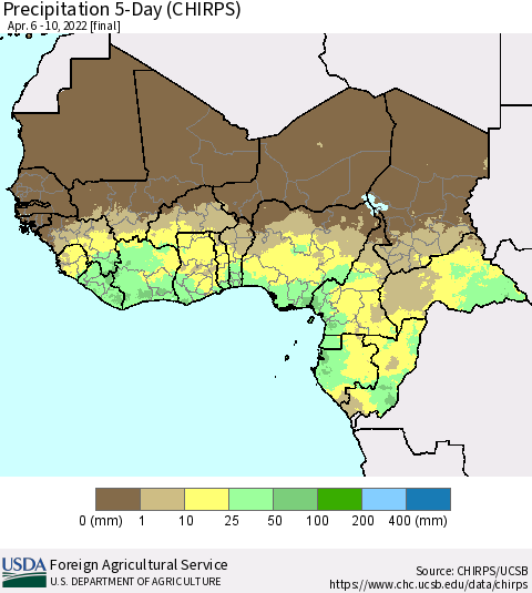 Western Africa Precipitation 5-Day (CHIRPS) Thematic Map For 4/6/2022 - 4/10/2022