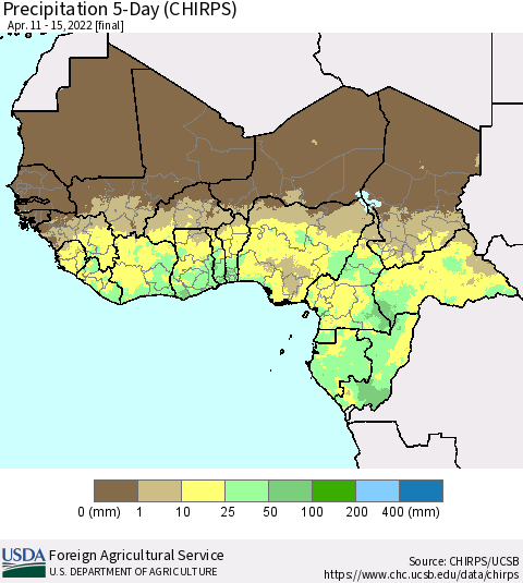Western Africa Precipitation 5-Day (CHIRPS) Thematic Map For 4/11/2022 - 4/15/2022