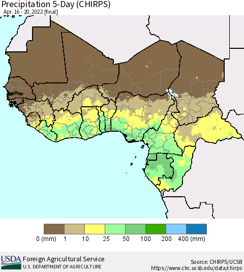 Western Africa Precipitation 5-Day (CHIRPS) Thematic Map For 4/16/2022 - 4/20/2022