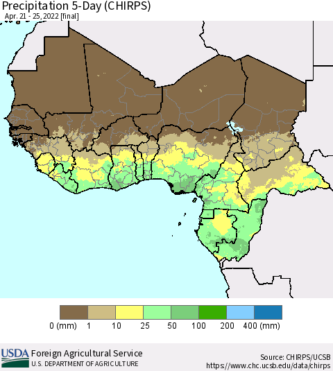 Western Africa Precipitation 5-Day (CHIRPS) Thematic Map For 4/21/2022 - 4/25/2022