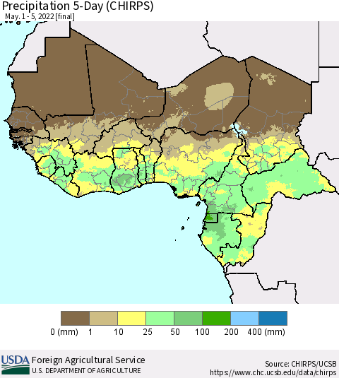 Western Africa Precipitation 5-Day (CHIRPS) Thematic Map For 5/1/2022 - 5/5/2022