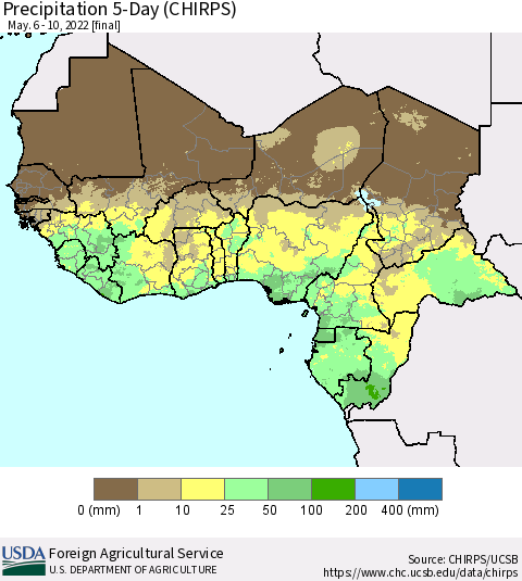 Western Africa Precipitation 5-Day (CHIRPS) Thematic Map For 5/6/2022 - 5/10/2022